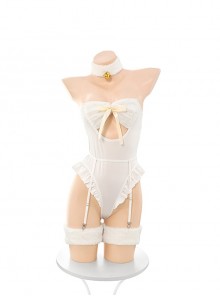 Cream Frosting Cute Pure White Little Sheep Plush Tube Top Ruffle Open Crotch Jumpsuit Sexy Lingerie Set