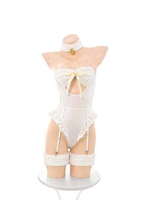 Cream Frosting Cute Pure White Little Sheep Plush Tube Top Ruffle Open Crotch Jumpsuit Sexy Lingerie Set