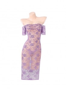 Wild Rose See-through Purple Lace Off-shoulder Cheongsam Both Sides High Waist Slits Dress Sexy Lingerie Set