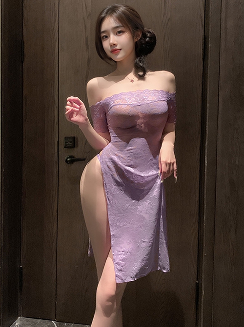 Wild Rose See-through Purple Lace Off-shoulder Cheongsam Both Sides High Waist Slits Dress Sexy Lingerie Set