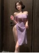 Wild Rose See-through Purple Lace Off-shoulder Cheongsam Both Sides High Waist Slits Dress Sexy Lingerie Set