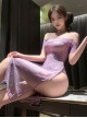 Wild Rose See-through Purple Lace Off-shoulder Cheongsam Both Sides High Waist Slits Dress Sexy Lingerie Set