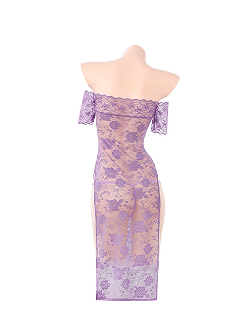 Wild Rose See-through Purple Lace Off-shoulder Cheongsam Both Sides High  Waist Slits Dress Sexy