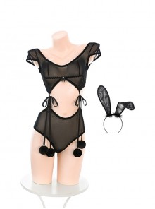 Cute Bunny See-Through Tulle Exposed Buttocks Hollow Detachable Jumpsuit Sexy Lingerie Set