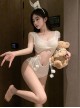 Cute Bunny See-Through Tulle Exposed Buttocks Hollow Detachable Jumpsuit Sexy Lingerie Set