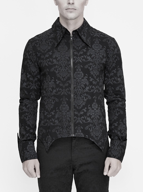 Black Palace Pattern Printing Zipper Sharp Corner Hem Fold-Over Cuff Gothic Shirt