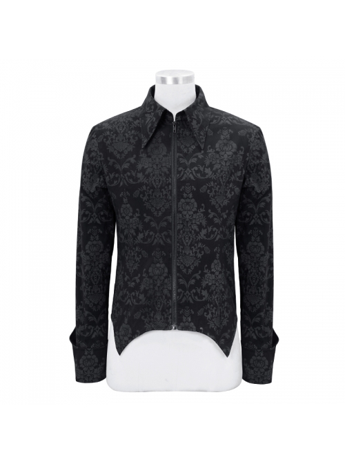 Black Palace Pattern Printing Zipper Sharp Corner Hem Fold-Over Cuff Gothic Shirt