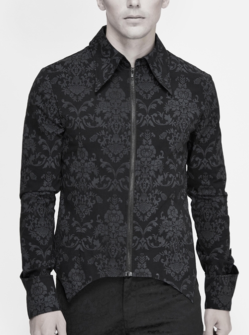 Black Palace Pattern Printing Zipper Sharp Corner Hem Fold-Over Cuff Gothic Shirt