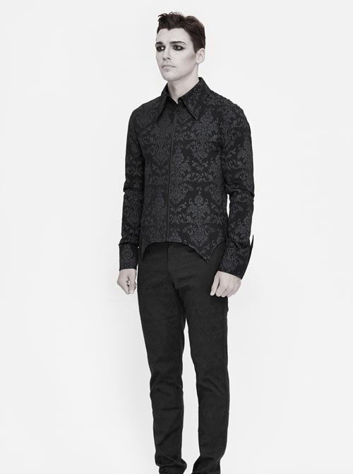 Black Palace Pattern Printing Zipper Sharp Corner Hem Fold-Over Cuff Gothic Shirt