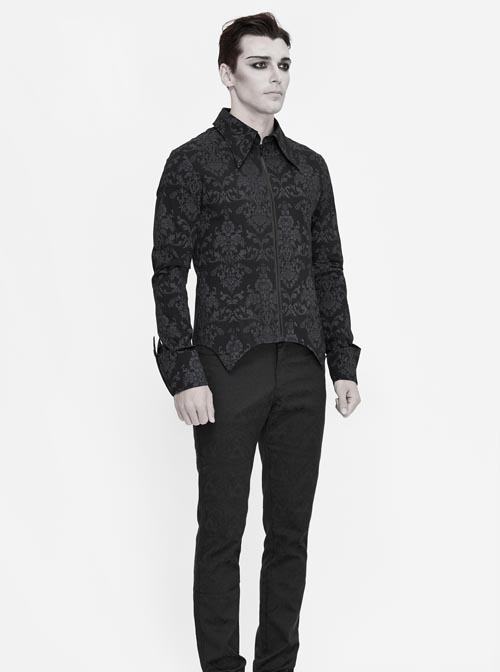 Black Palace Pattern Printing Zipper Sharp Corner Hem Fold-Over Cuff Gothic Shirt