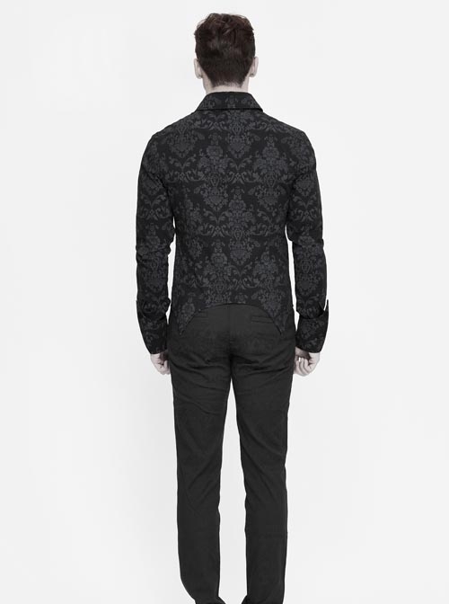 Black Palace Pattern Printing Zipper Sharp Corner Hem Fold-Over Cuff Gothic Shirt