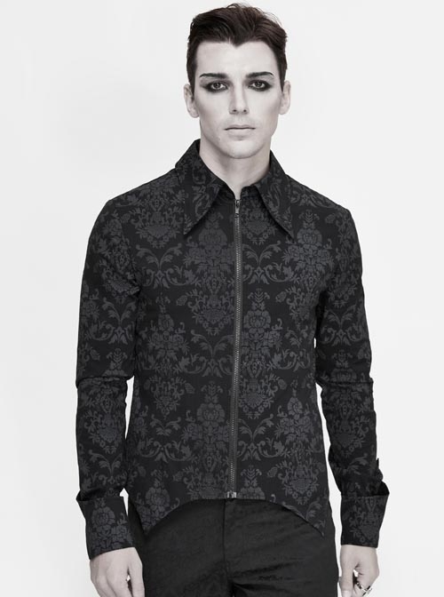 Black Palace Pattern Printing Zipper Sharp Corner Hem Fold-Over Cuff Gothic Shirt