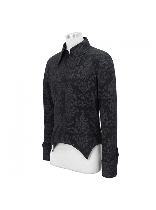 Black Palace Pattern Printing Zipper Sharp Corner Hem Fold-Over Cuff Gothic Shirt