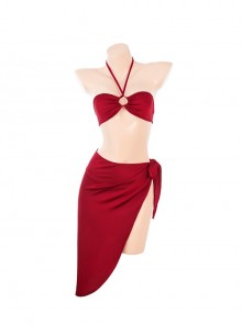 Hot Sun Blazing Red Halter Neck Tube Top Hot Spring Outfit Three-Point Sexy Lingerie Set