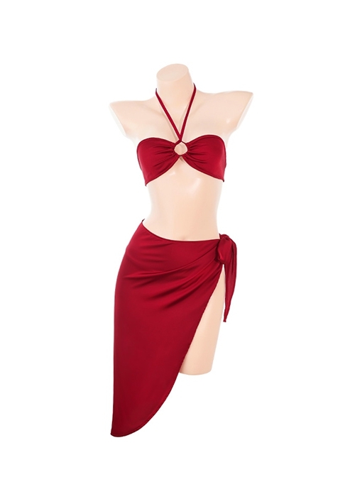 Hot Sun Blazing Red Halter Neck Tube Top Hot Spring Outfit Three-Point Sexy Lingerie Set