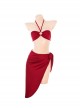 Hot Sun Blazing Red Halter Neck Tube Top Hot Spring Outfit Three-Point Sexy Lingerie Set