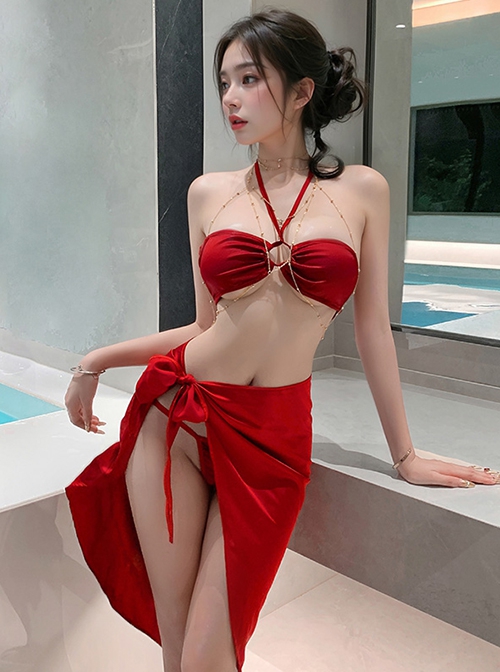 Hot Sun Blazing Red Halter Neck Tube Top Hot Spring Outfit Three-Point Sexy Lingerie Set