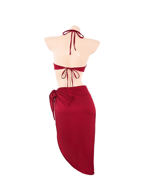 Hot Sun Blazing Red Halter Neck Tube Top Hot Spring Outfit Three-Point Sexy Lingerie Set