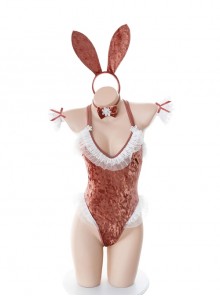 Ice-Flower-Velvet Lace Edge Backless Open Crotch Bunny Girl Jumpsuit With Plush Tail Autumn Winter Plus Size Sexy Lingerie Set