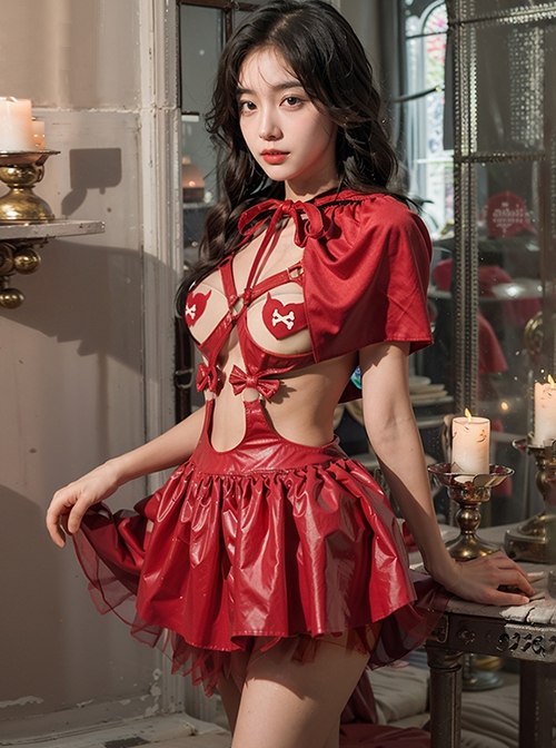 Halloween Little Red Riding Hood Hollow Exposed Chest Heart Devil Chest Stickers Slit Double Layer Hem Cosplay Sexy Lingerie Set