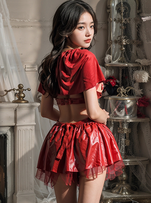 Halloween Little Red Riding Hood Hollow Exposed Chest Heart Devil Chest Stickers Slit Double Layer Hem Cosplay Sexy Lingerie Set
