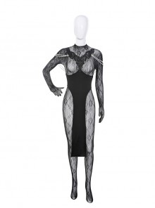 Castle Feast Black Exposed Breasts Shoulder Chain High Slits Cheongsam See-Through Rose Net Full Bodysuit Halloween Sexy Lingerie Set