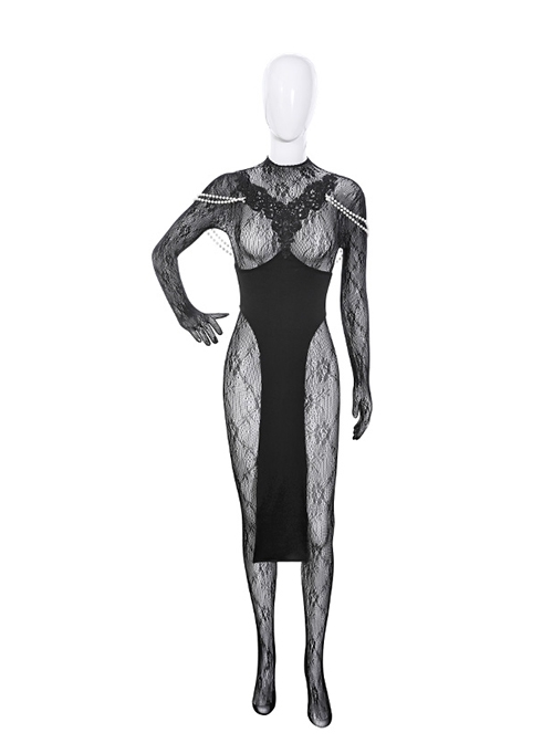 Castle Feast Black Exposed Breasts Shoulder Chain High Slits Cheongsam See-Through Rose Net Full Bodysuit Halloween Sexy Lingerie Set