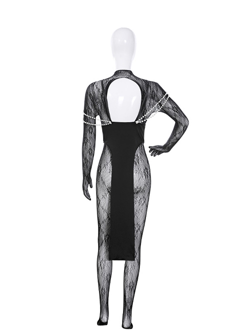 Castle Feast Black Exposed Breasts Shoulder Chain High Slits Cheongsam See-Through Rose Net Full Bodysuit Halloween Sexy Lingerie Set