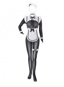 Private Maid Outfit Halloween Exposed Chest Exposed Hips Black Open Crotch See-Through Bodysuit White Apron Sexy Lingerie Set
