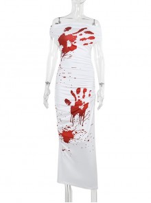 White Sexy One Shoulder Personalized Blood Stain Pattern Decorated Punk Style Short Sleeved Dress