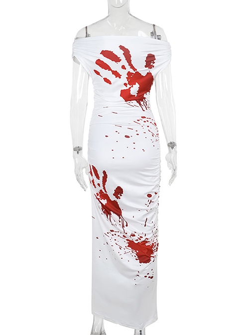 White Sexy One Shoulder Personalized Blood Stain Pattern Decorated Punk Style Short Sleeved Dress