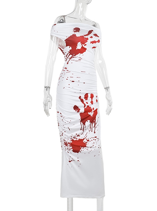 White Sexy One Shoulder Personalized Blood Stain Pattern Decorated Punk Style Short Sleeved Dress