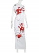 White Sexy One Shoulder Personalized Blood Stain Pattern Decorated Punk Style Short Sleeved Dress