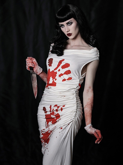 White Sexy One Shoulder Personalized Blood Stain Pattern Decorated Punk Style Short Sleeved Dress