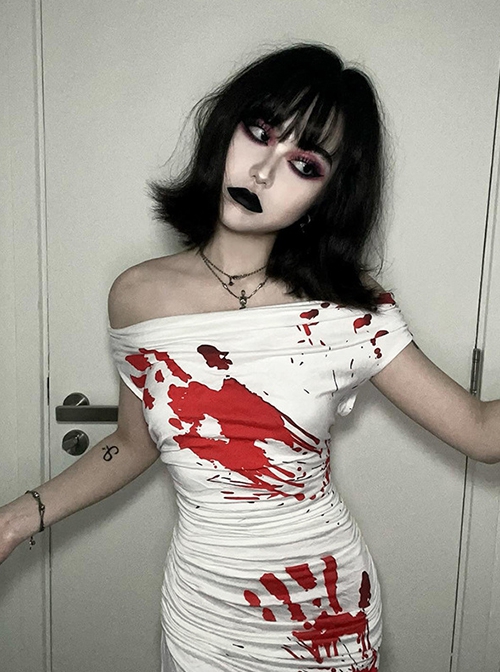 White Sexy One Shoulder Personalized Blood Stain Pattern Decorated Punk Style Short Sleeved Dress
