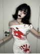 White Sexy One Shoulder Personalized Blood Stain Pattern Decorated Punk Style Short Sleeved Dress