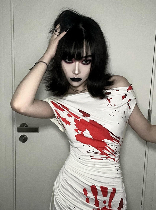 White Sexy One Shoulder Personalized Blood Stain Pattern Decorated Punk Style Short Sleeved Dress