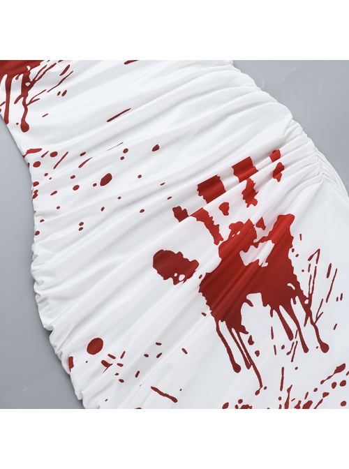 White Sexy One Shoulder Personalized Blood Stain Pattern Decorated Punk Style Short Sleeved Dress