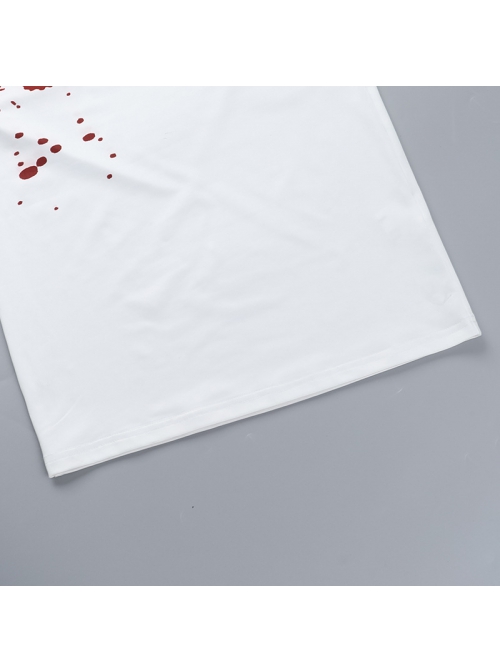 White Sexy One Shoulder Personalized Blood Stain Pattern Decorated Punk Style Short Sleeved Dress