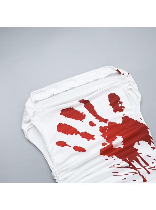 White Sexy One Shoulder Personalized Blood Stain Pattern Decorated Punk Style Short Sleeved Dress