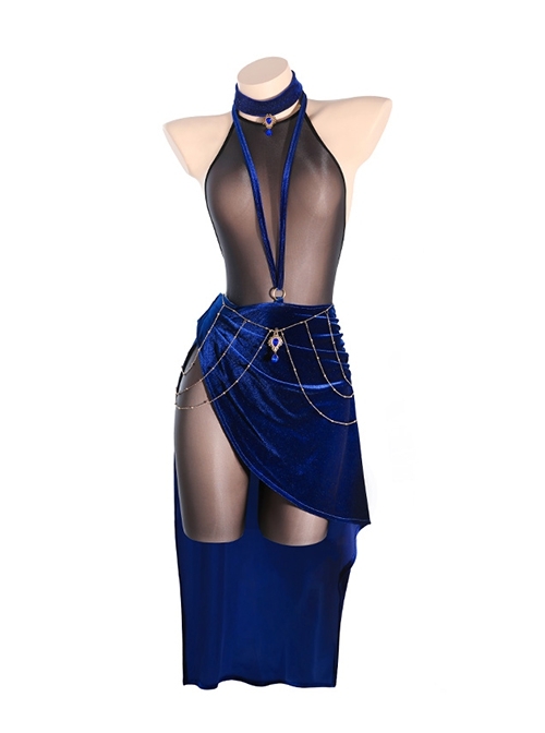 Star Oracle Astrologer Outfit Halloween Black Halter Neck See-Through Open Crotch Bodysuit Blue Velvet High Slit Skirt Sexy Lingerie Set