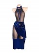 Star Oracle Astrologer Outfit Halloween Black Halter Neck See-Through Open Crotch Bodysuit Blue Velvet High Slit Skirt Sexy Lingerie Set
