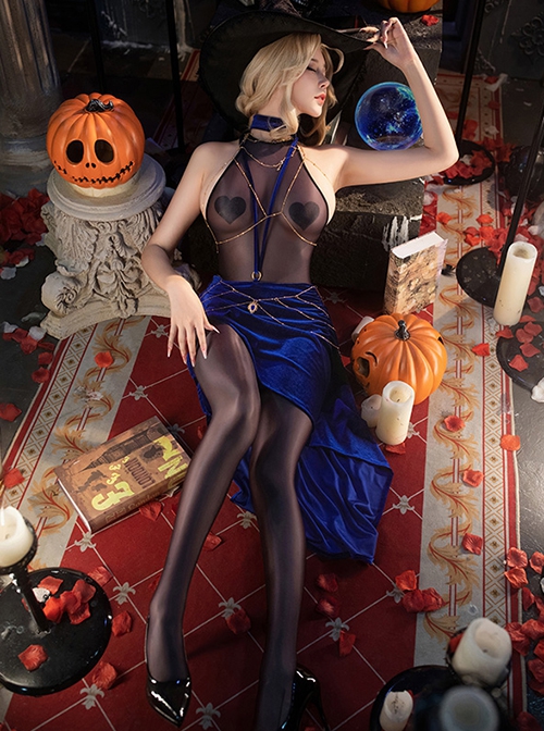 Star Oracle Astrologer Outfit Halloween Black Halter Neck See-Through Open Crotch Bodysuit Blue Velvet High Slit Skirt Sexy Lingerie Set