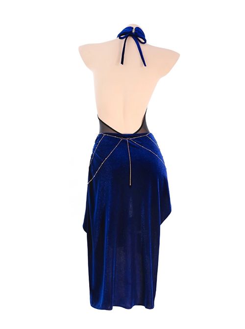 Star Oracle Astrologer Outfit Halloween Black Halter Neck See-Through Open Crotch Bodysuit Blue Velvet High Slit Skirt Sexy Lingerie Set