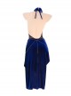 Star Oracle Astrologer Outfit Halloween Black Halter Neck See-Through Open Crotch Bodysuit Blue Velvet High Slit Skirt Sexy Lingerie Set