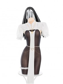 Dark Night Nun Hunting Love Halloween White Shoulder Top Covering Fabric Strips Black Backless Open Crotch Bodysuit Sexy Lingerie Set