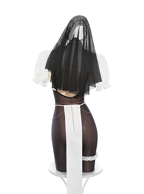 Dark Night Nun Hunting Love Halloween White Shoulder Top Covering Fabric Strips Black Backless Open Crotch Bodysuit Sexy Lingerie Set