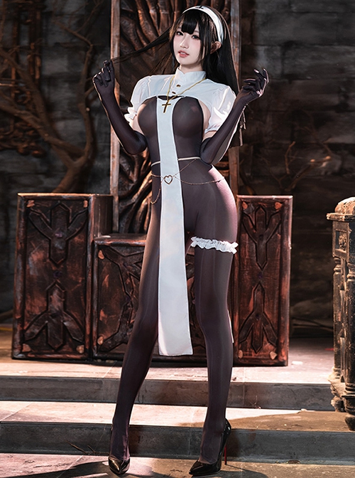 Dark Night Nun Hunting Love Halloween White Shoulder Top Covering Fabric Strips Black Backless Open Crotch Bodysuit Sexy Lingerie Set