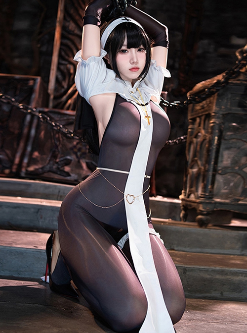Dark Night Nun Hunting Love Halloween White Shoulder Top Covering Fabric Strips Black Backless Open Crotch Bodysuit Sexy Lingerie Set