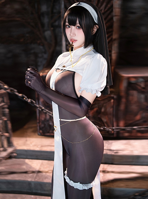Dark Night Nun Hunting Love Halloween White Shoulder Top Covering Fabric Strips Black Backless Open Crotch Bodysuit Sexy Lingerie Set